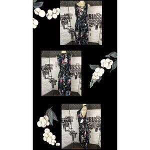 Chelsea Studio 1X Black Floral Print Keyhole Neck Tie Belt Hanky Hem Dress